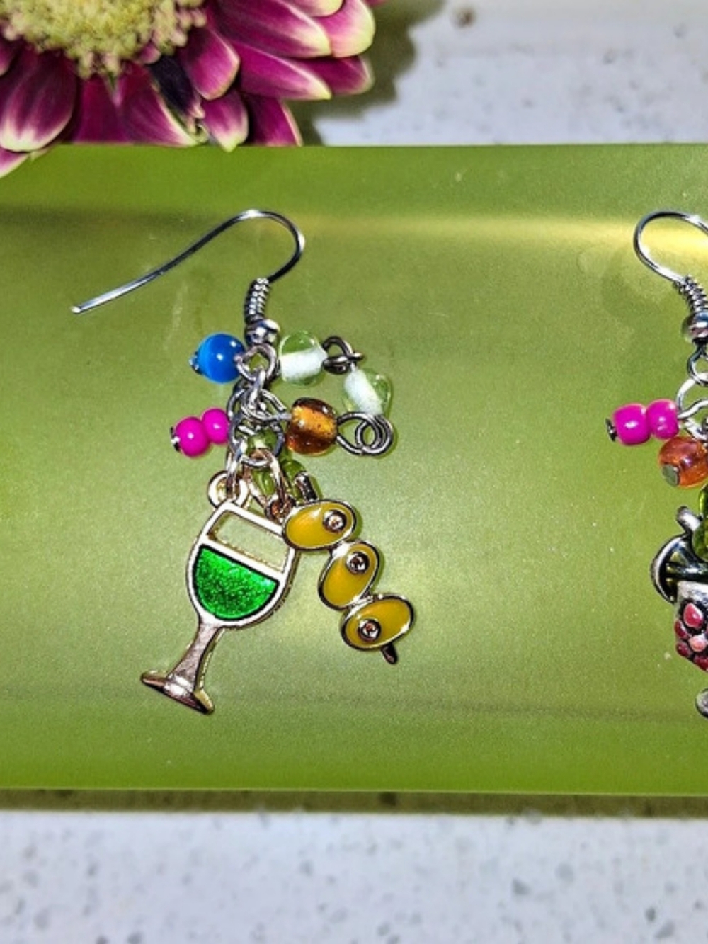 Wine Glass & Cocktail Charm Earrings Silver & Green Like New HANDMADE